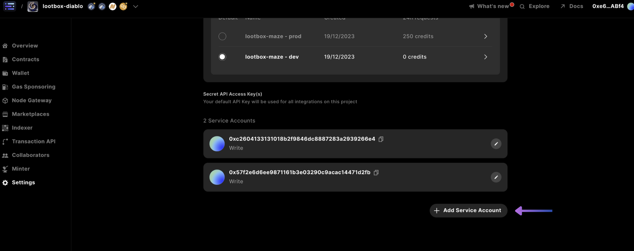 builder settings add service account