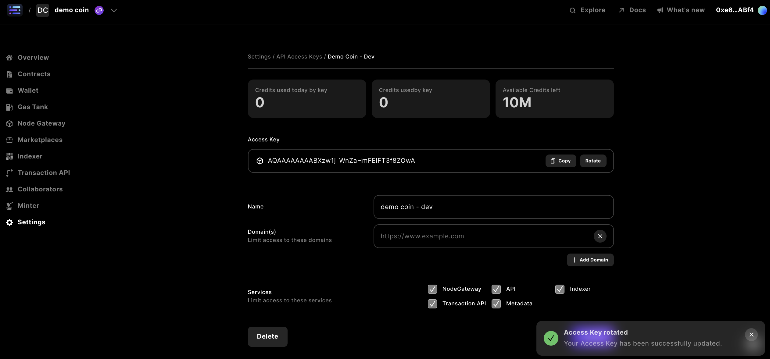Builder settings API Access Keys rotate key